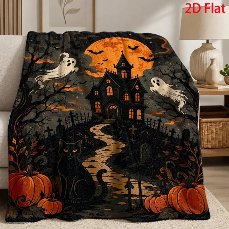 Gothic Haunted Castle Raven Pumpkin Skull Print Throw Blanket, Spooky Halloween Home Cover for Sofa Bedroom Indoor Decor