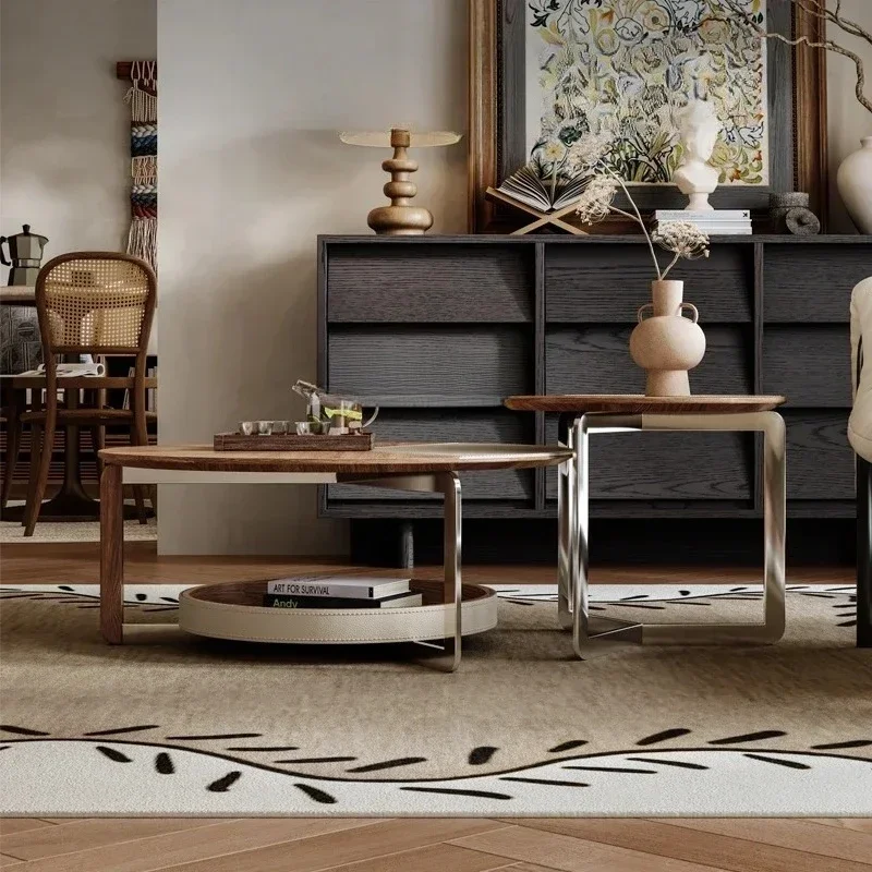 Y Italian minimalist saddle leather  color matching creative living room household small apartment new round coffee table
