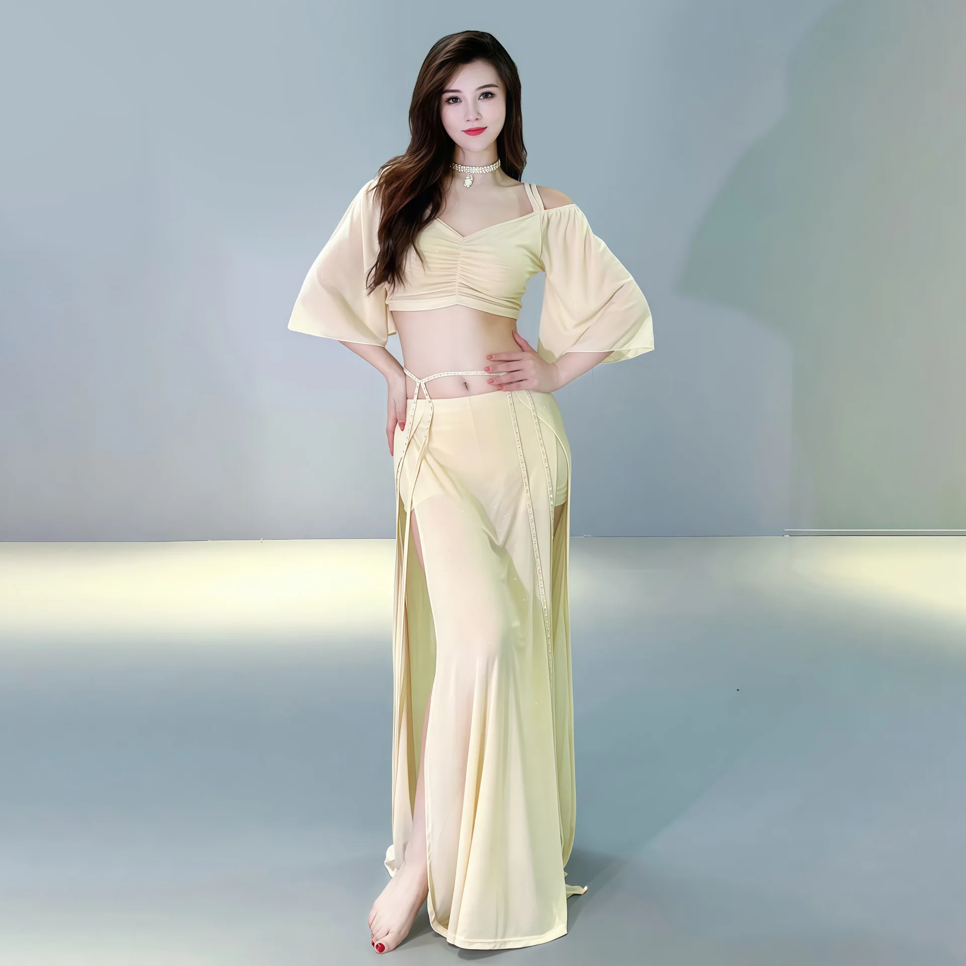 

Sexy Women Belly Dance Sequin Mesh Costume Set Adult Show Stage Performance Clothing New Dance Practice Class Clothing Costume