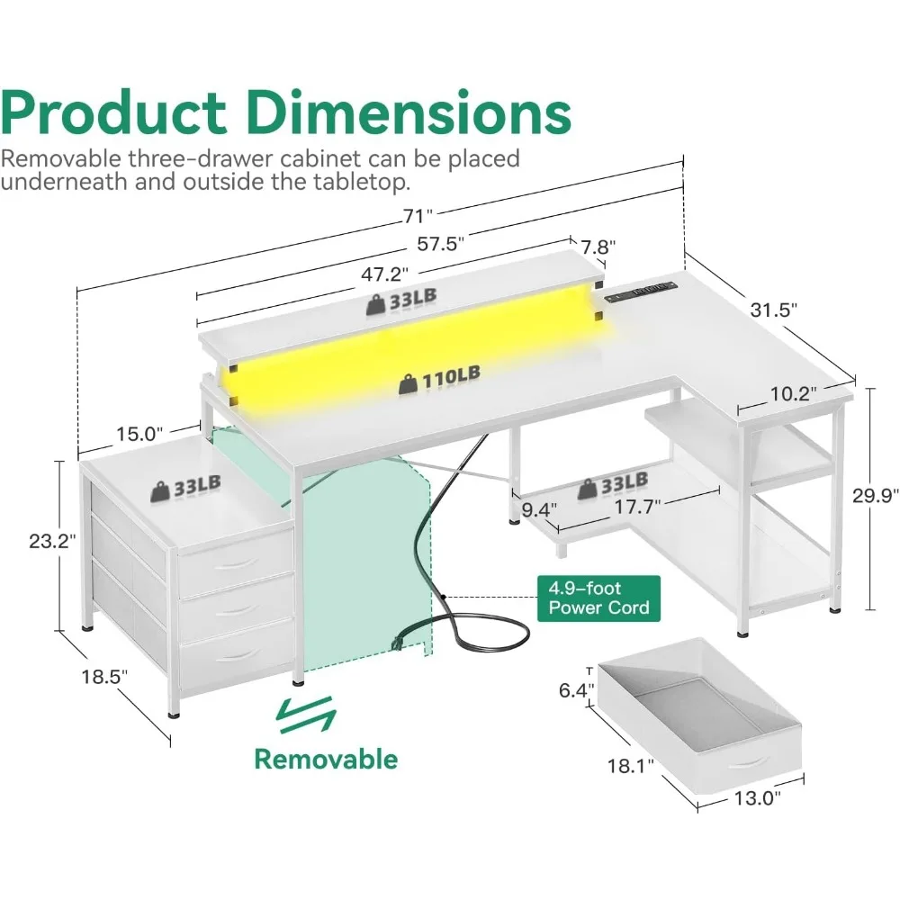 引き出し付きのL字型ゲームデスク,LEDライト付きのリバーシブルコーナーコンピュータデスク,大きなホームオフィスデスク,収納棚