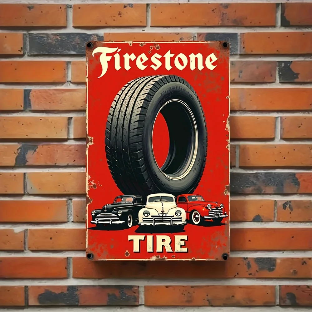 2D Plane-Vintage Firestone Tire Metal Sign - Retro Wall Decor Plaque,Classic Car Design Featuring a Large Tire Graphic,For Home