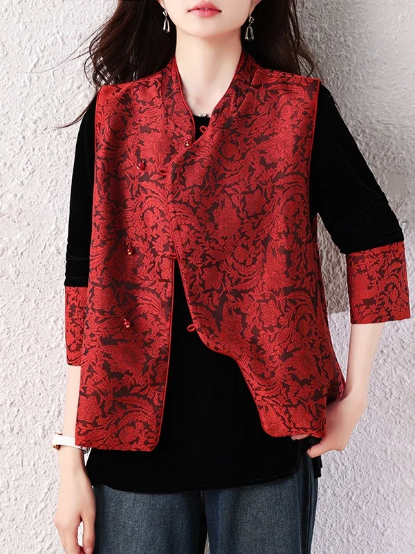 Authentic New Chinese Style Stand Collar Embroidered Vest Women's 2026 Autumn New Style Top Polyester Fiber 100%