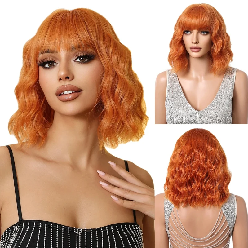 

Popular wig with colorful short curly hair and bangs, wavy short curly hair wig Synthetic fiber wig