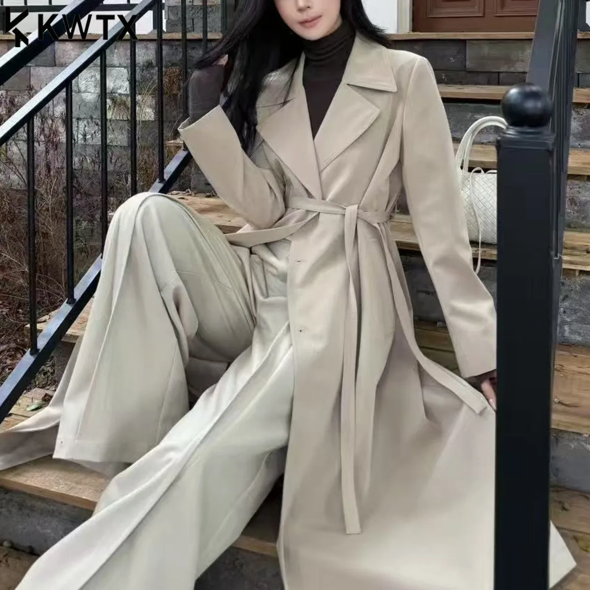 

KWTX Elegant Oversized Trench Coat Women 2025 Chic Belted Blazer Jacket Long Casual Fall Winter Outwear Office Dating Slim Waist