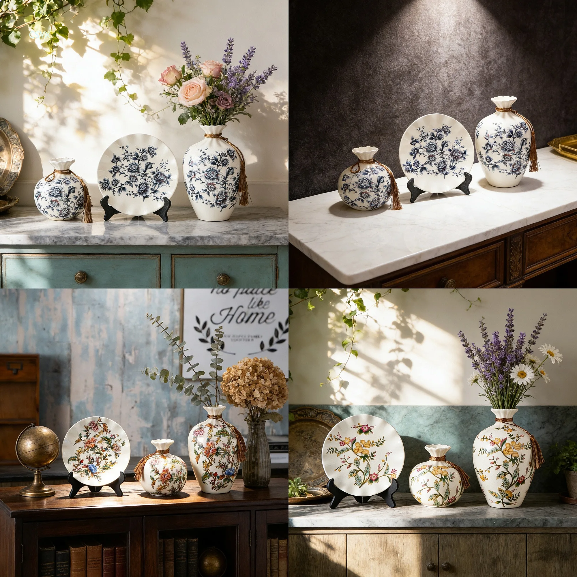 Wholesale Creative Blue Ceramic Vase Set 3Pcs Chinese Style Floral Vase Luxury Home Decor