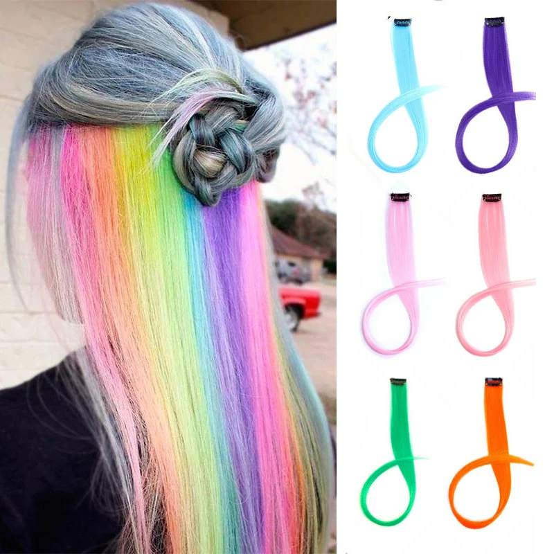 

5PCS 22Inch Synthetic Long Straight Hair Clips Rainbow Hair Extension Colored Red Green Blue Hairpiece for Women