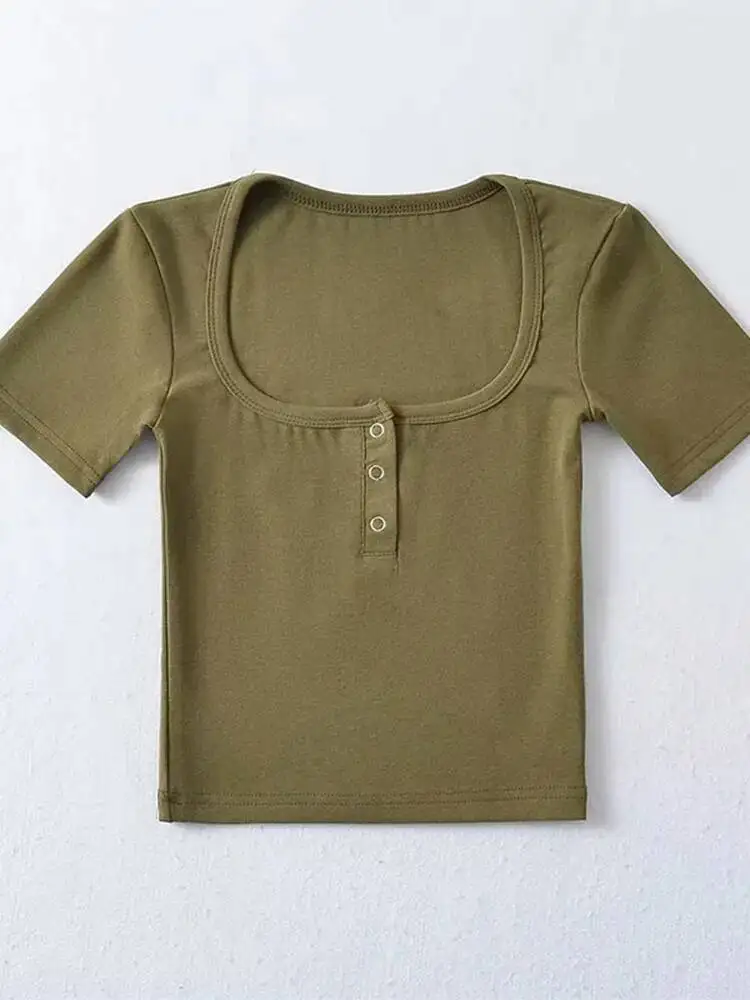 T-shirt court à manches courtes et boutons sur le devant pour femmes