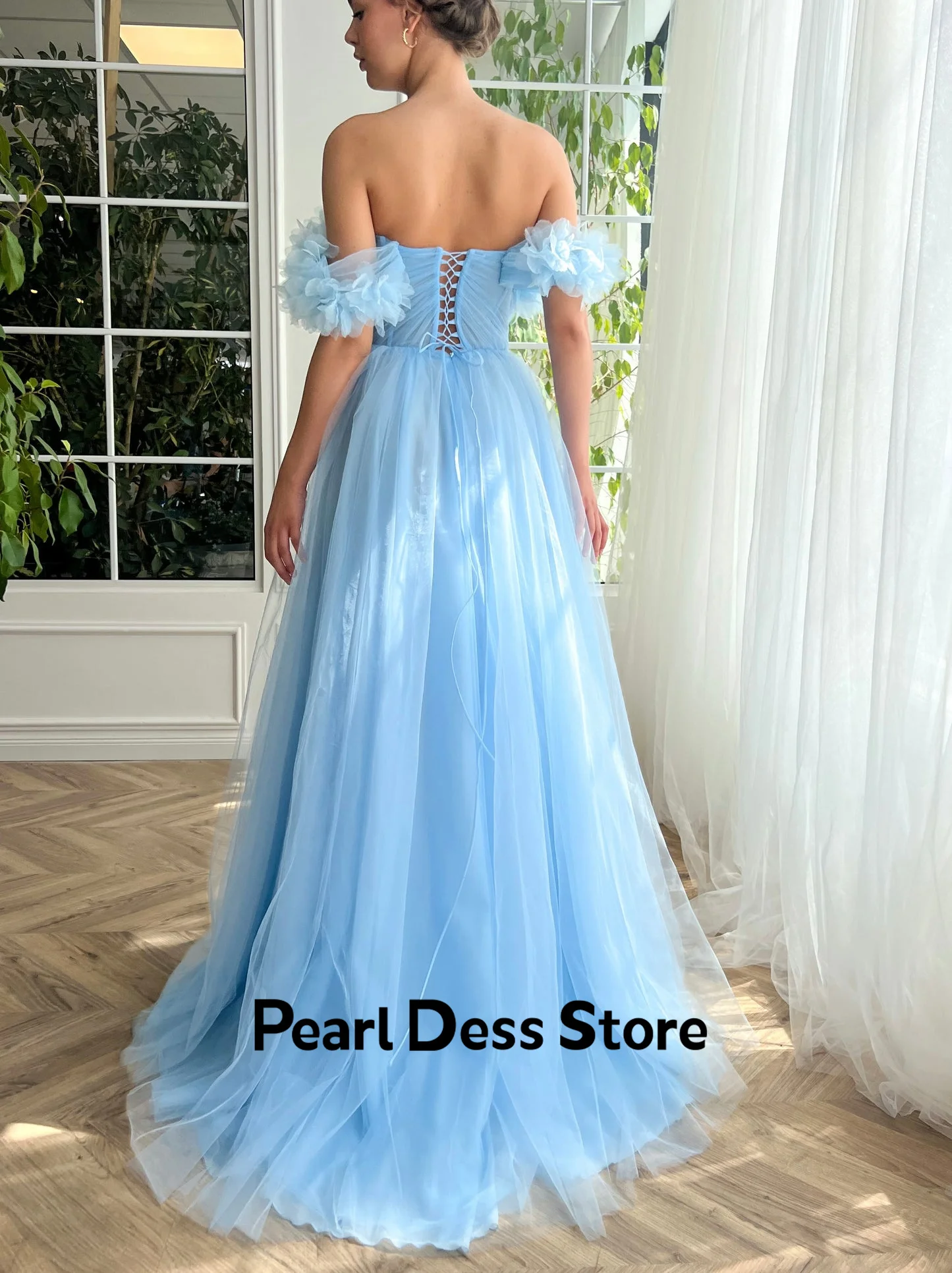 Pearl Sky Blue Gala Dresses Woman 2024 for Party Dress Es Off the Shoulders A Line Long Skirt Gauze Side Slit Ball Gowns Evening