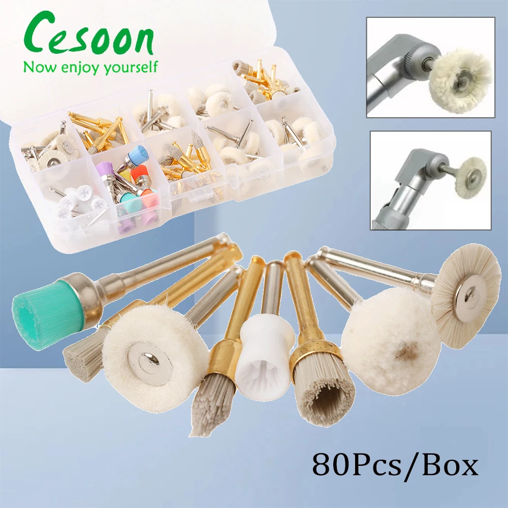 80Pcs Dental Prophy Polishing Brush Cup Nylon Wool Cotton Wheel Rubber Alumina Silicon Dentistry Tools Mixed For Contra Angle