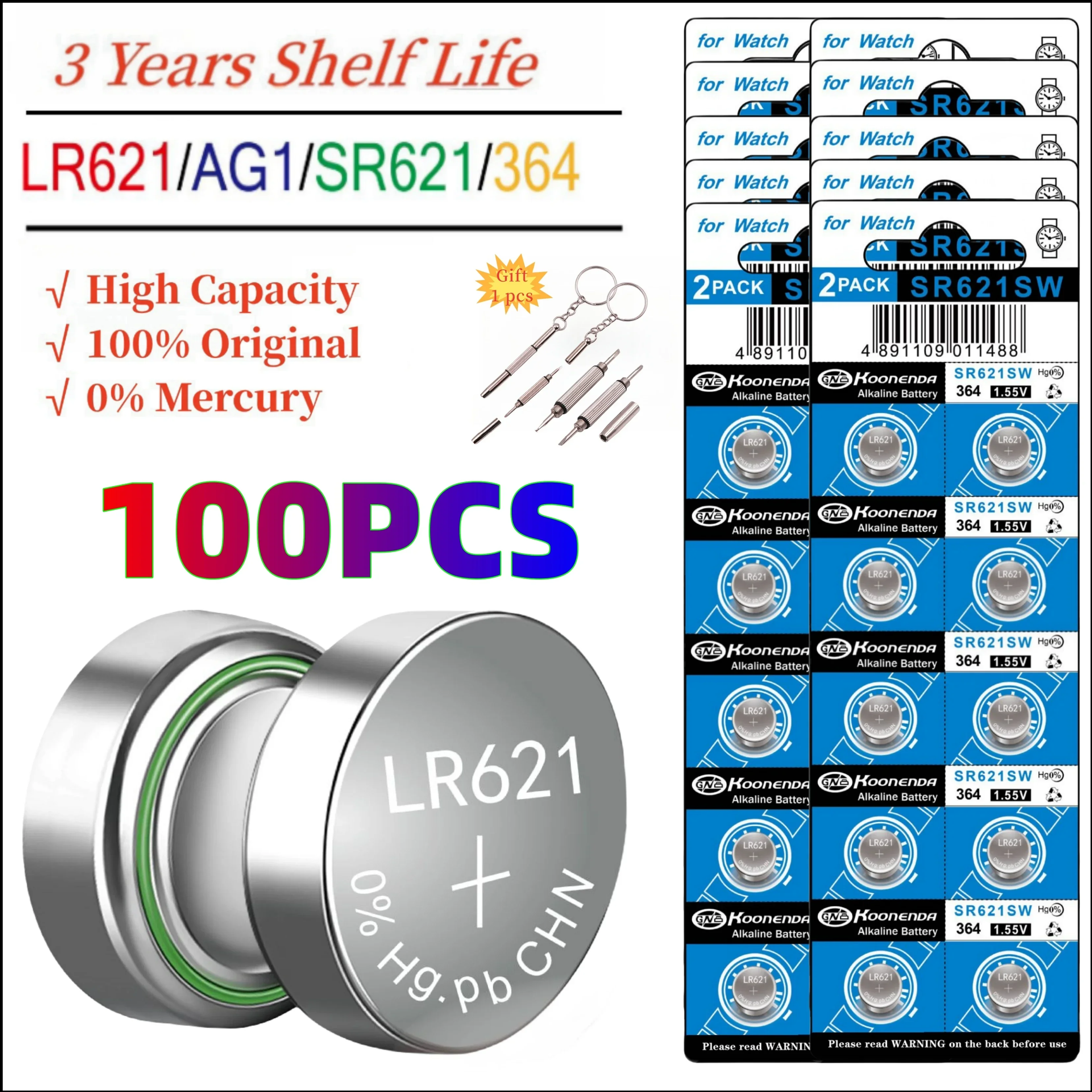 100PCS AG1 SR621SW Button Cell Battery Long-Lasting & Leak-Proof 0% Mercury Free 1.55V Batteries forcWatch Toys