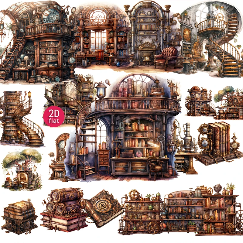 20pcs 2D flat Vintage Library Stickers, Steampunk Bookstore Decals, Suitable for diaries and DIY scrapbook stickers