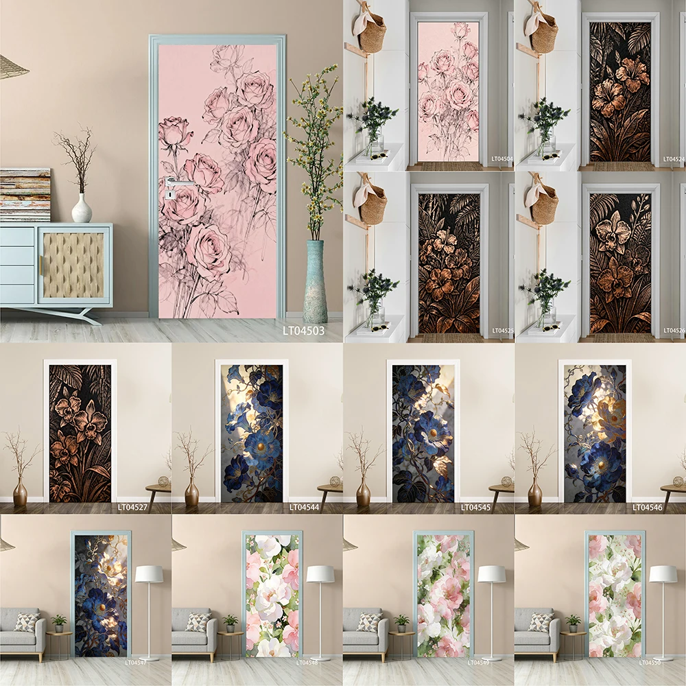 Vintage Rose Door Sticker, Removable Peel and Stick Self Adhesive Wallpaper, Dark Floral Mural for Home Decor