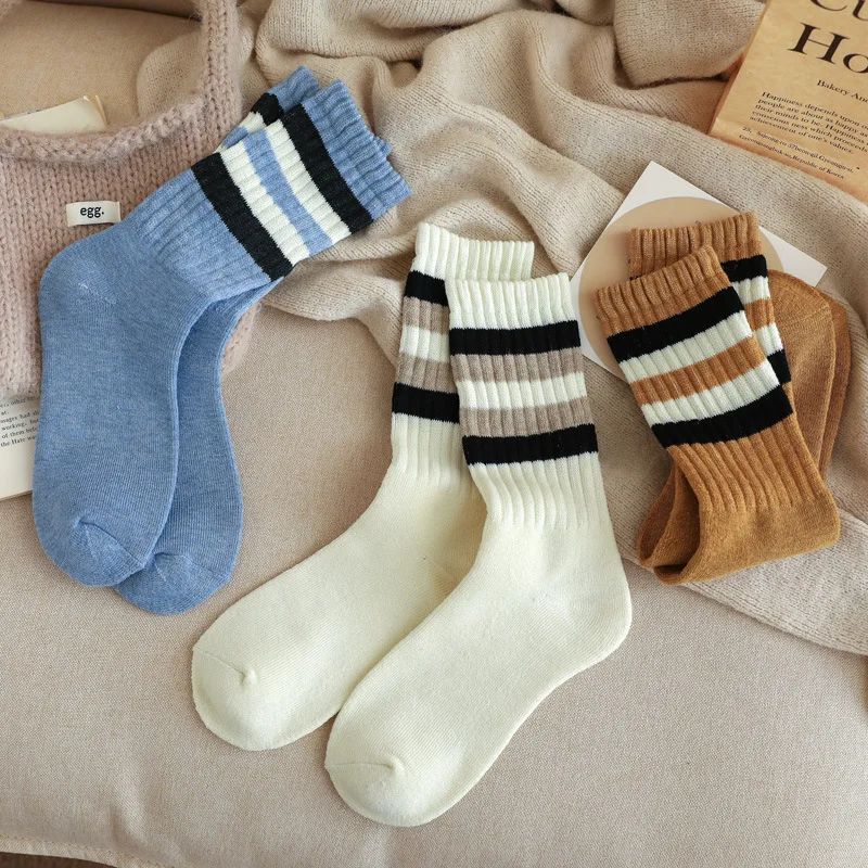 

5 пар женских носков в полоску, простые универсальные носки в консервативном стиле для девочек, комплект зимних плюшевых утепленных носков с теплым ворсом