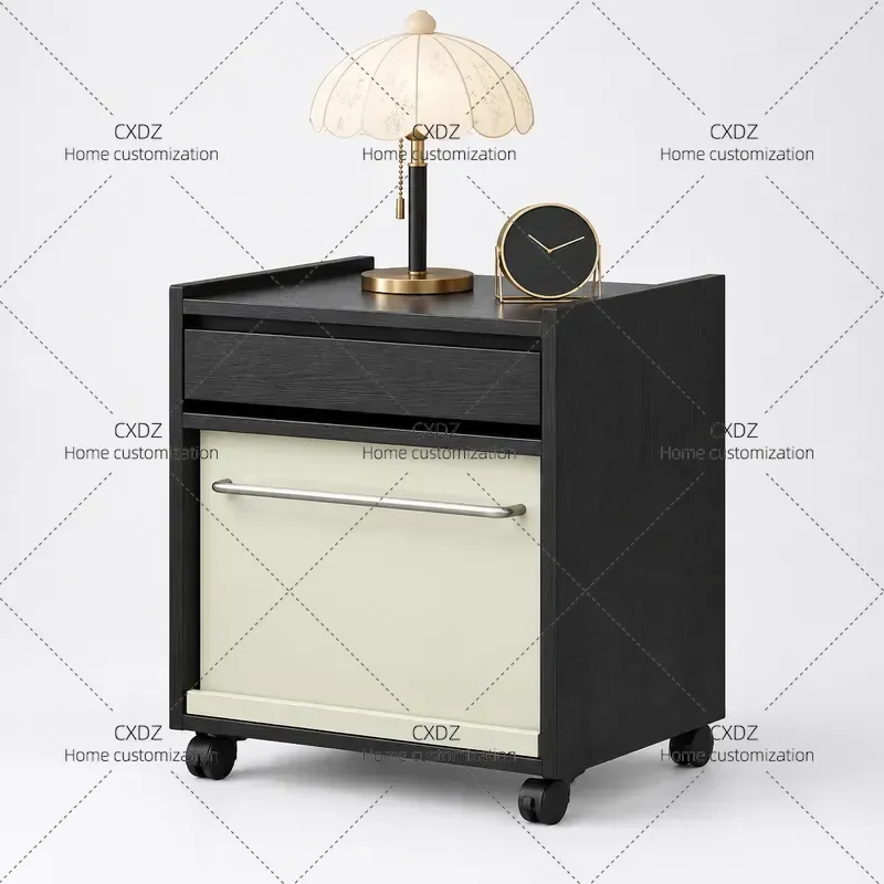 Solid Wood Bedside Table Medium Antique Side Cabinet Mobile Retro Home Storage Locker for Small Apartment Bedroom
