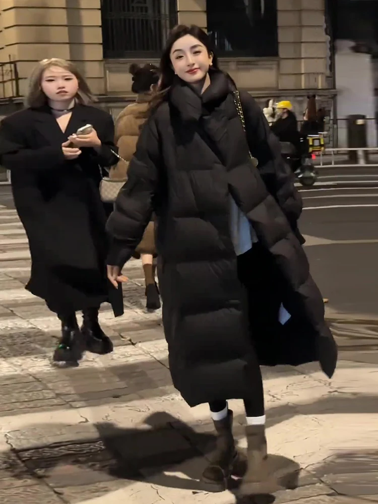 Faionable Thiened Long Bla Du down Jaet Abrigo de invierno con cuello levantado Sli para mujer Commute Sle Du Acolchado de plumas...