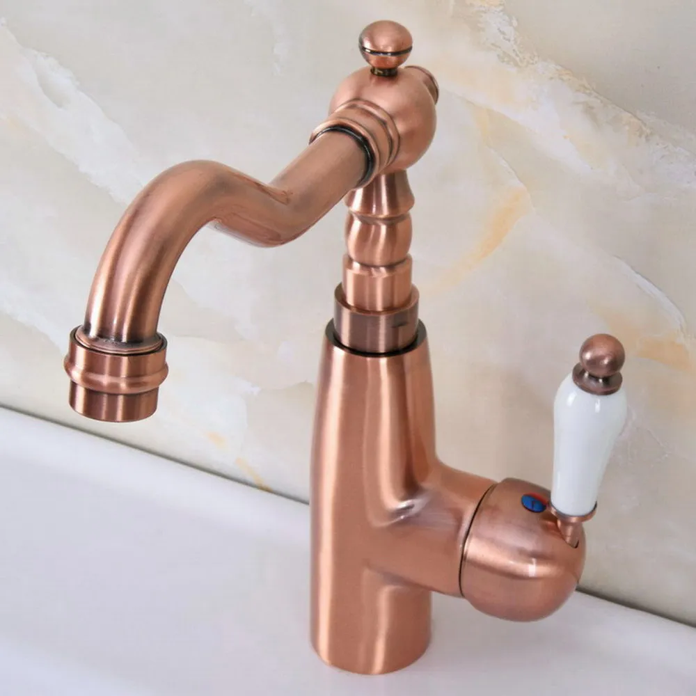 

Ceramic Lever Handle Antique Red Copper Swivel Spout Kitchen Basin Faucet Bathroom Sink Taps Hot And Cold Water Mixer 2nf631