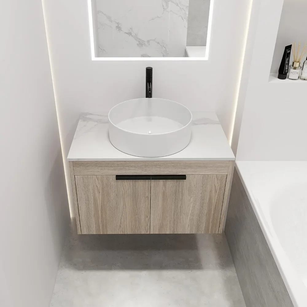 Bathroom vanity cabinet,30" Floating Bathrooms Vanity With Sink,With Marble Top And Round Ceramic Vessel Sink,Bathroom Dresser