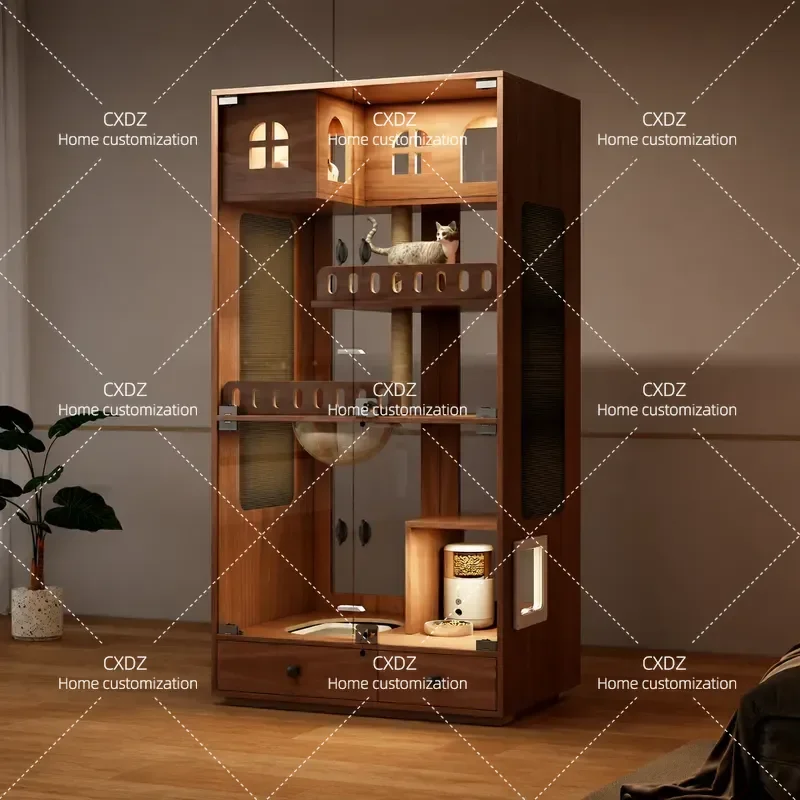 Solid wood cat villa household indoor super luxury cat cage with drawers toilet integrated large free space cat house