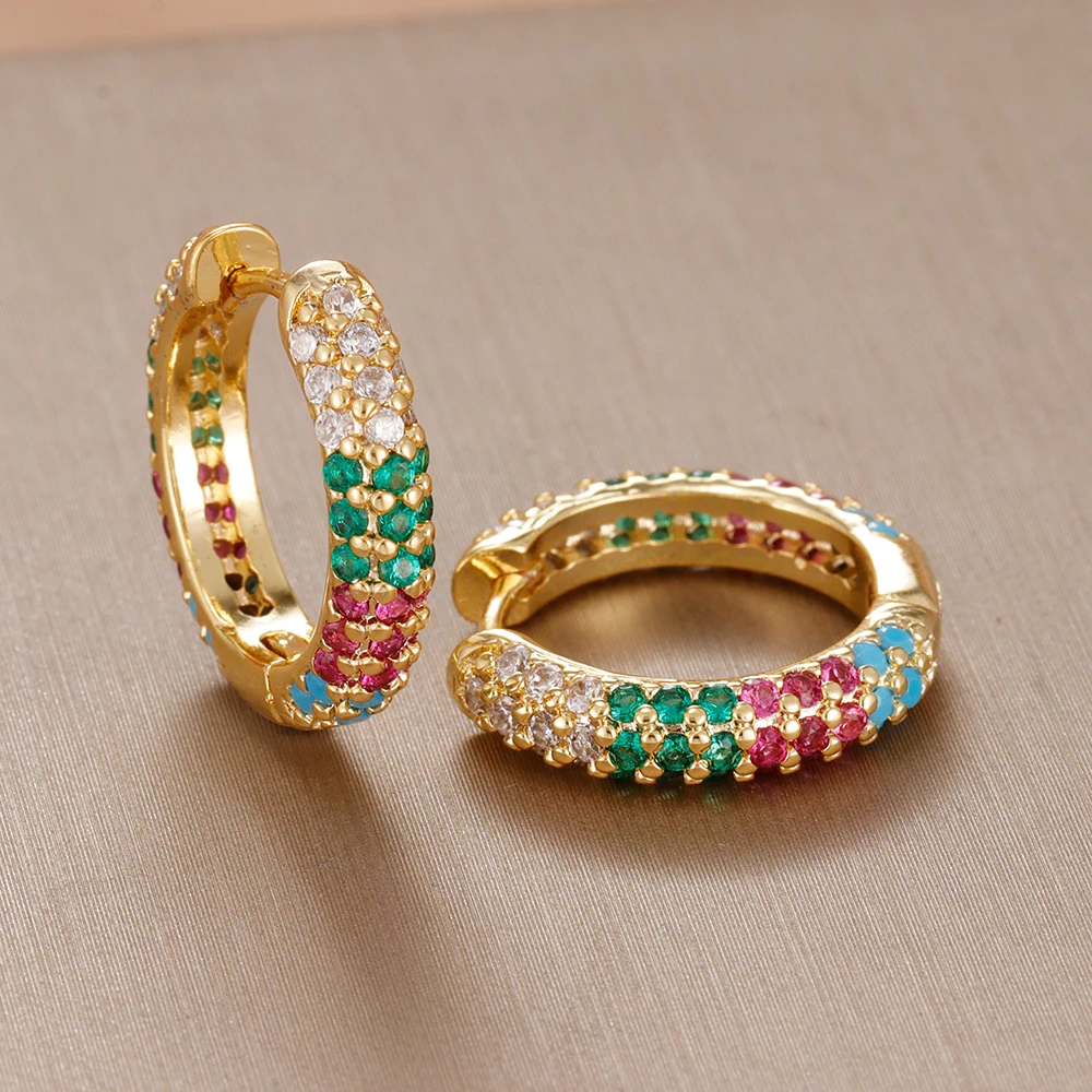 2PCS Much Diamond Geometry Round Hoop Earrings For Women 14K Gold Plated Zircon Multicolor Crystal Earring Piercing Jewelry
