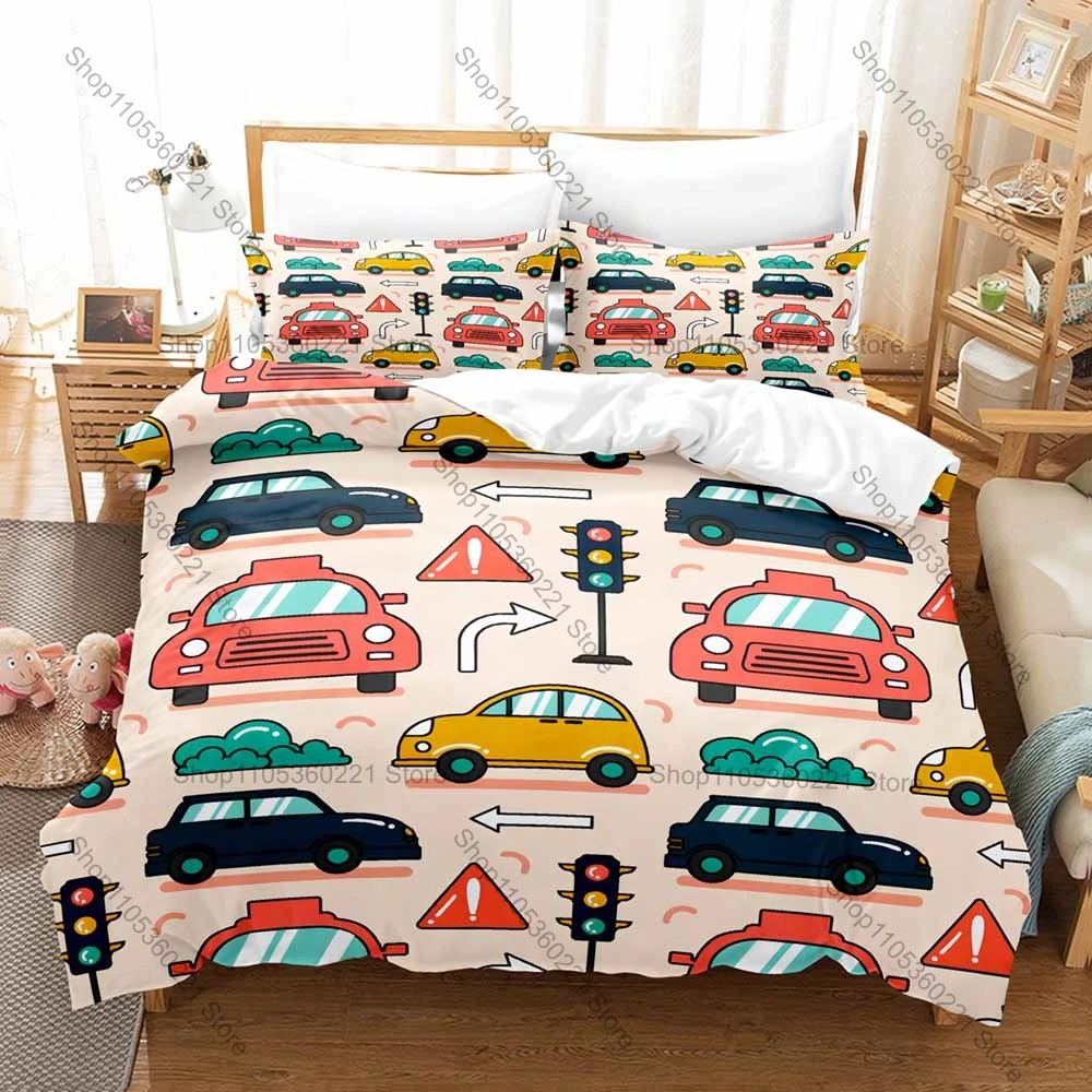 Cartoon Car Racing Vehicle Print Bedding Set Duvet Cover + 2 Pillowcases Cute Automobile Pattern For Boys Kids Bedroom Decor