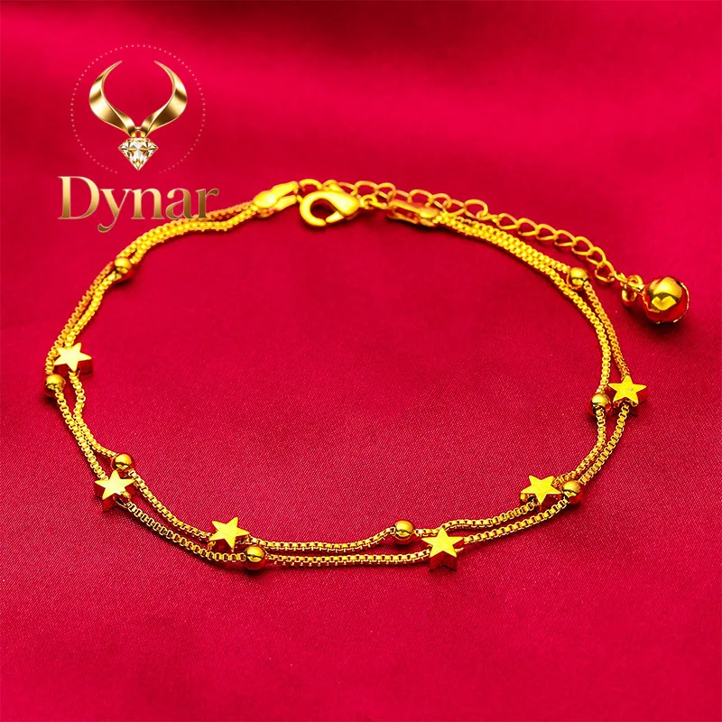 Dynar Jewelry    Star & Bell Anklet for Women, 24K Gold, AU999 | Polished stars & jingling bells on adjustable chain, playful fo