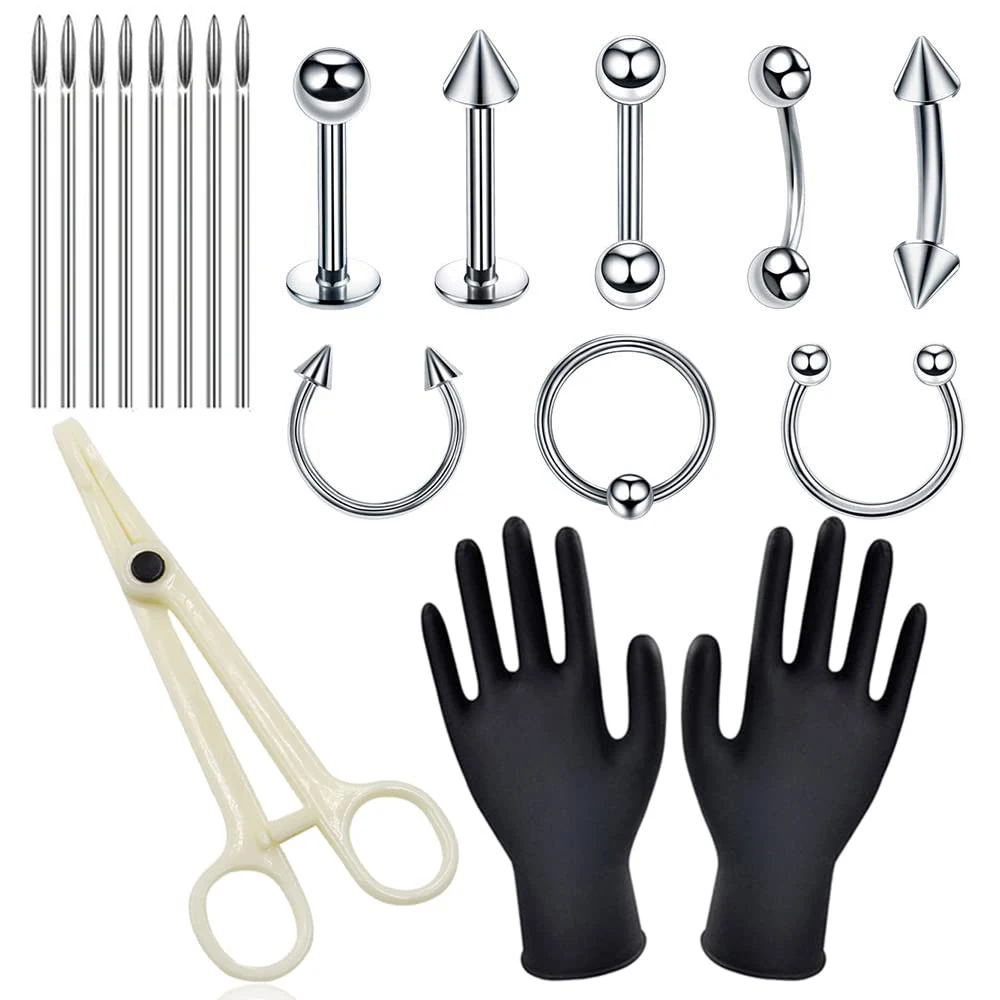 19PCS Body Piercing Kit - 16G Nose Earring Lip Ring with 316L Steel Piercing Needles And Piercing Clamp Kit For Body Piercing