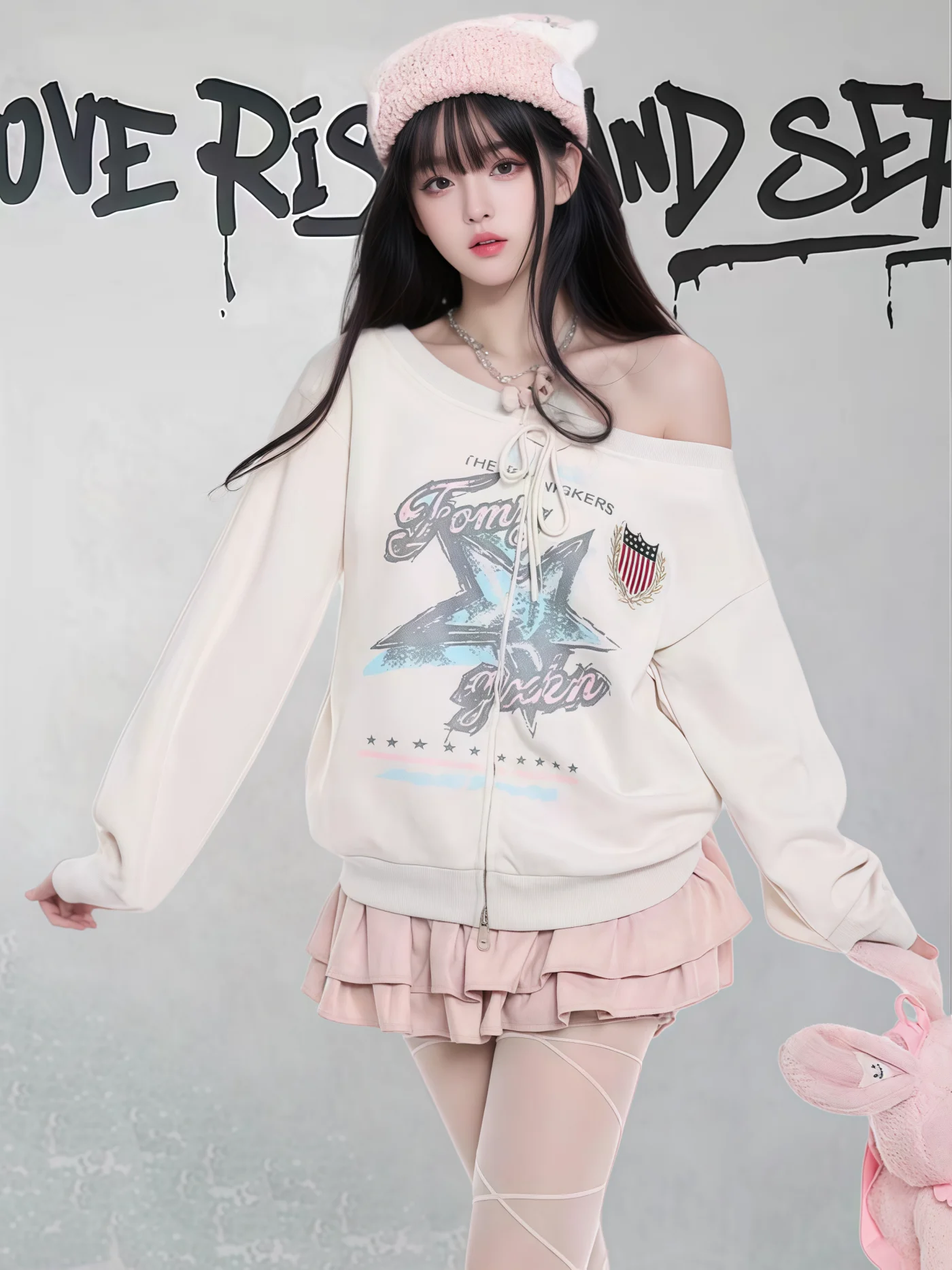 American Preppy Style Retro Star Print Off-Shoulder Long Sleeve Sweatshirt Lazy Loose Casual Lace-up Zipper Jacket Women Autumn