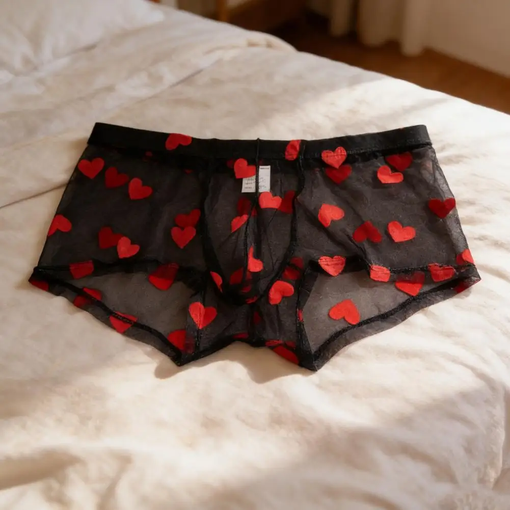 

Мужские трусы-боксеры, мужские трусы-боксеры со средней посадкой, эластичное сетчатое нижнее белье с узором в виде сердца, дышащий полый дизайн, подарок на годовщину