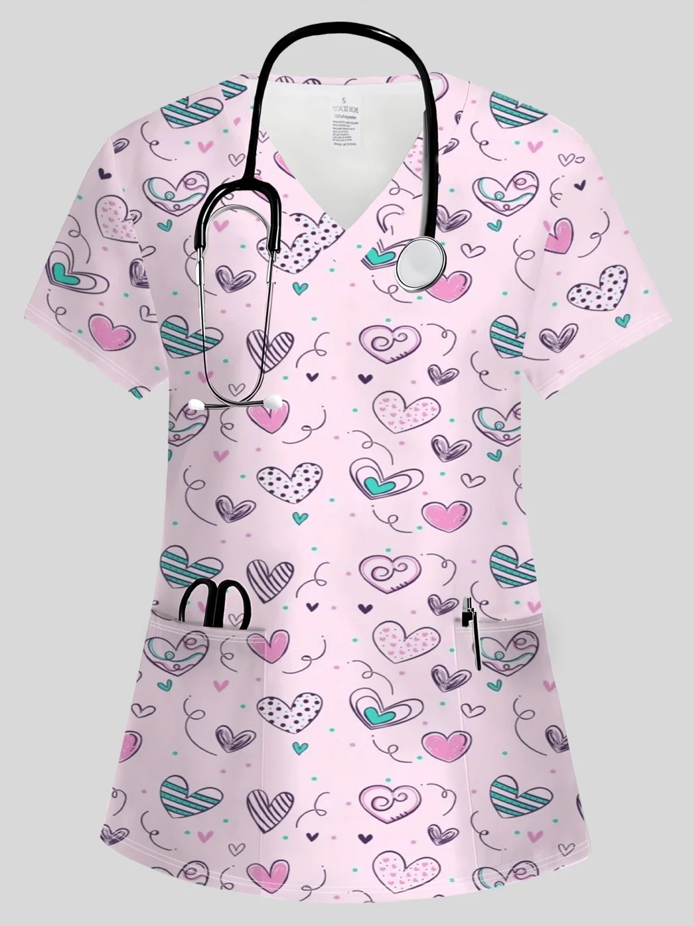 New Surgical Uniforms Woman Elegant Heart-Shaped Print Casual V-Neck Short Sleeve Top Fashion Comfortable Dental Uniforms Women