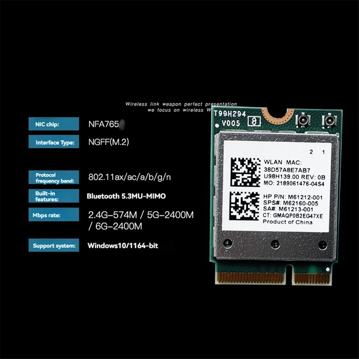 Durable QCNFA765 WIFI 6E Wireless Network Card 2.4G/5G/6G 5374Mbps Bluetooth 5.3 WiFi Card M.2 NGFF Module for Win10 Win11