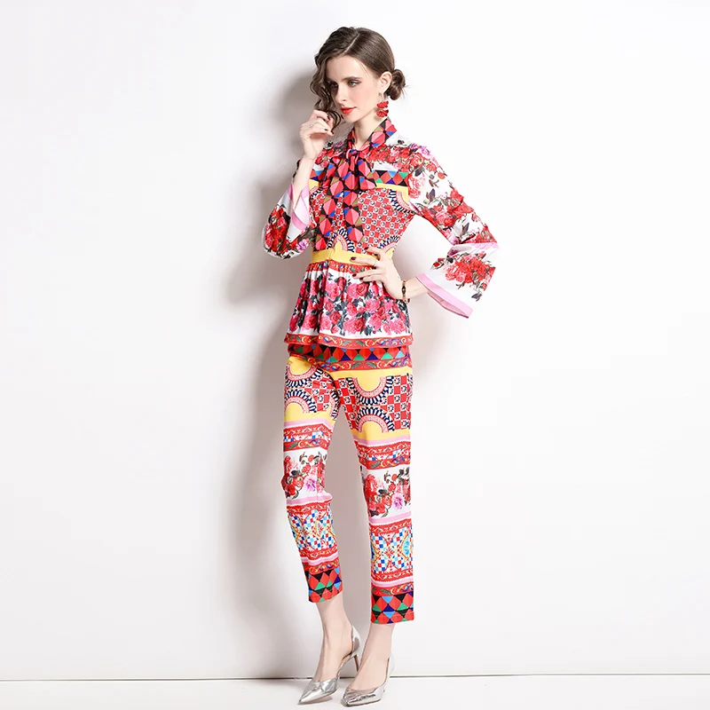 Vintage Flower Print Runway Pants Suit 2022 Women\'s Flare Sleeve Bow Collar Ruffles Pullover Top + Pencil Pants Two Piece Set