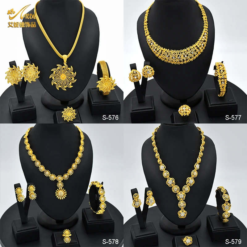 

ANIID Dubai 24K Gold Plated Flower Bridal Jewelry Set African Indian Wedding Necklace Sets For Women Party Accessories Gifts