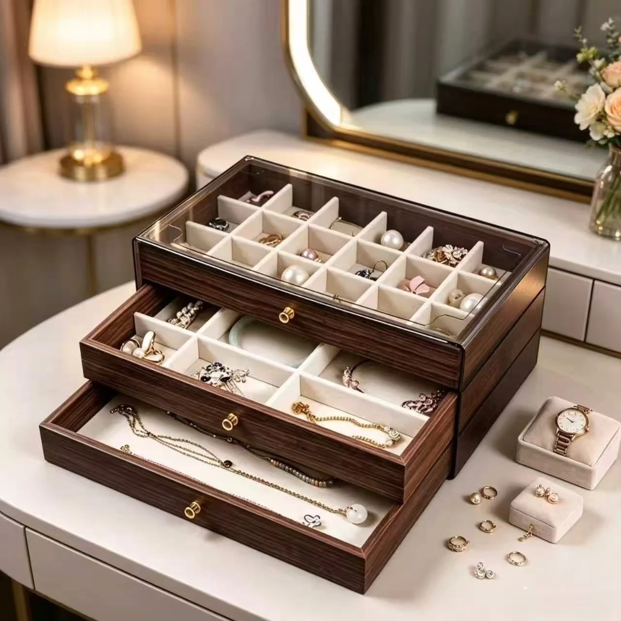 Multi-layer Wooden Jewelry Box with Transparent Window, Jewelry Storage Case for Rings Necklaces Earrings Bracelets