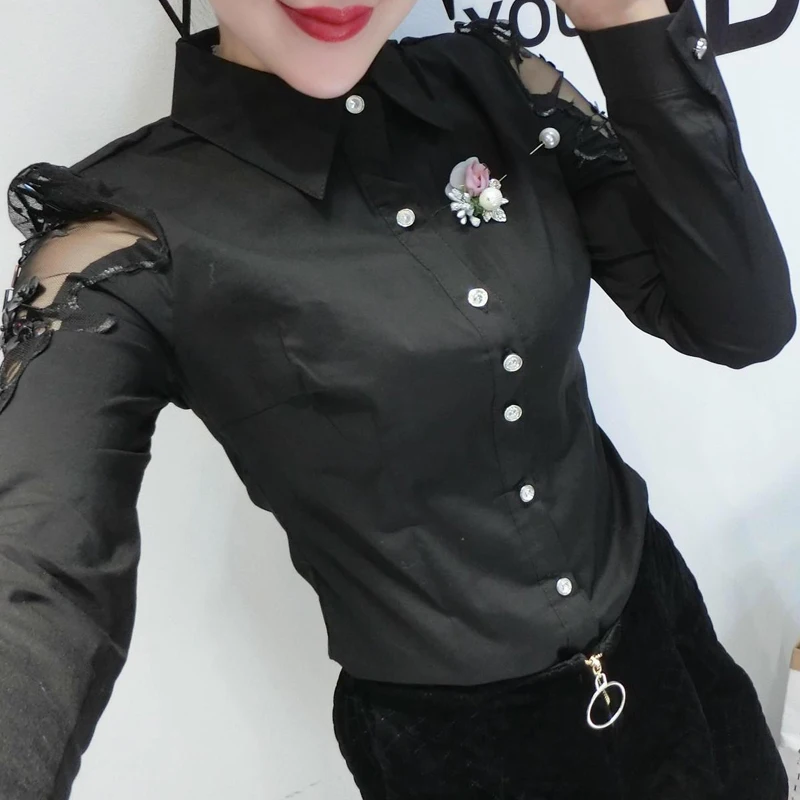 Spring Autumn POLO Collar Fashion Long Sleeve Shirt Women Hollow Out Button Patchwork Embroidered Cardigan Vintage Elegant Tops