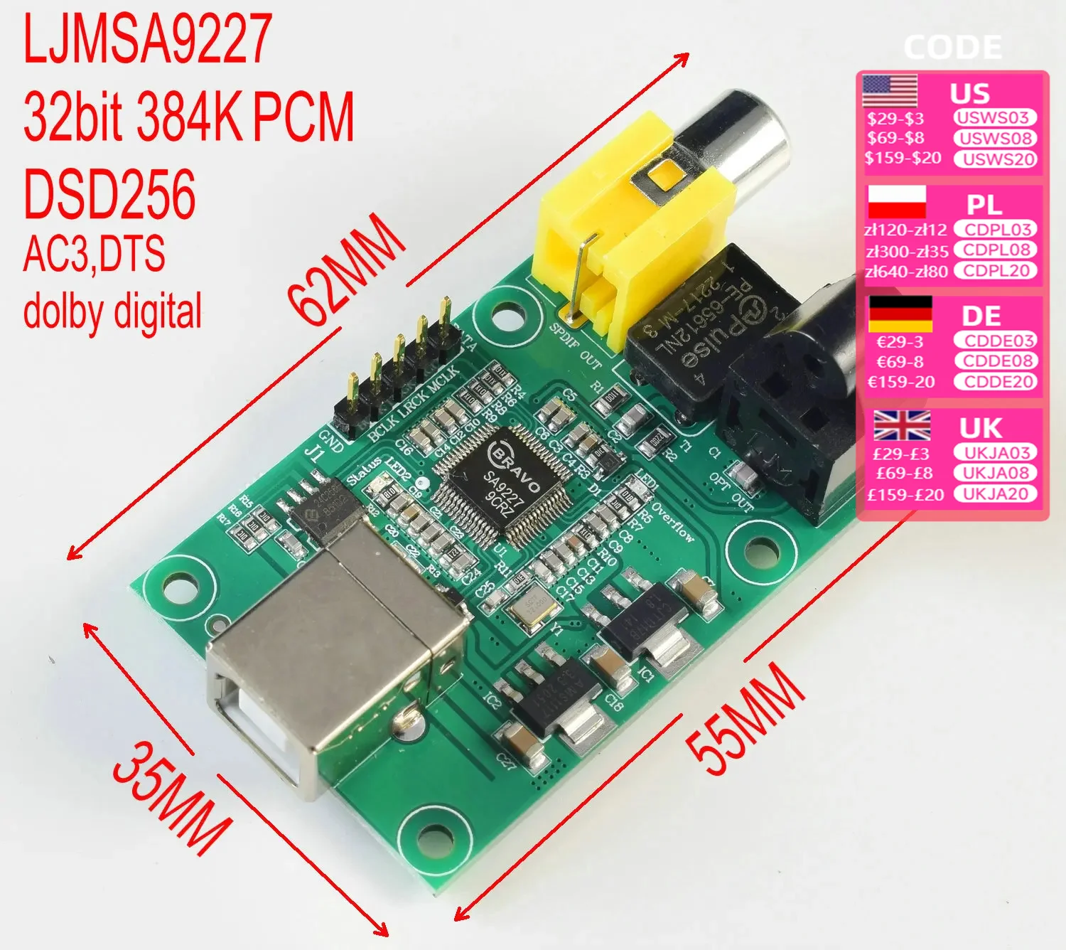 SA9227 USB To SPDIF Optical I2S.32BIT 384K DSD256 Suooprt AC3,DTS,DOLBY Digital Source Output