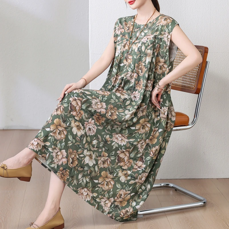 New Hot Fashion Arrival Casual 2026 Summer Dress For Women Print Loose O-Neck Cotton Women Clothing Dresses Plus Size