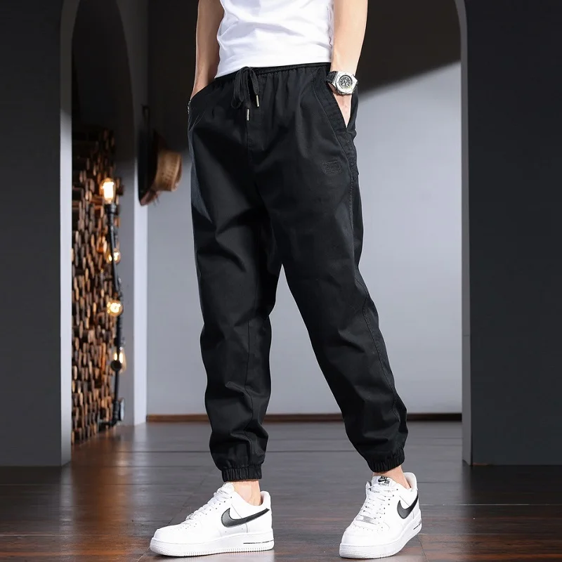 Calças de lápis preto baggy masculino verão streetwear casual algodão elástico na cintura com cordão cp2220