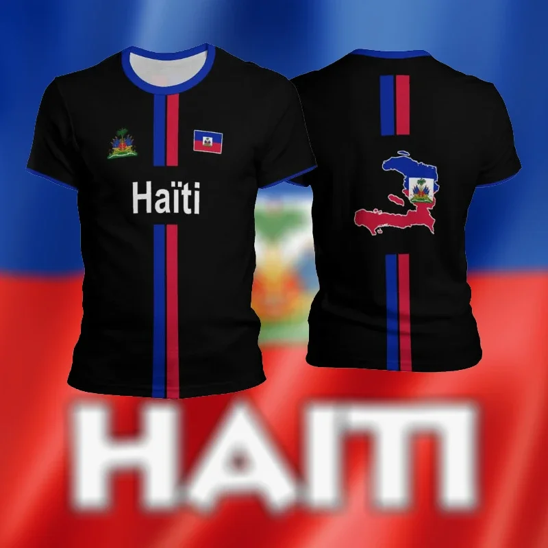 Caribbean Sea Haiti Island Flag 3D Print T Shirts For Men Clothes Haitian National Emblem Graphic T-shirt Sports EU Size Gym Top