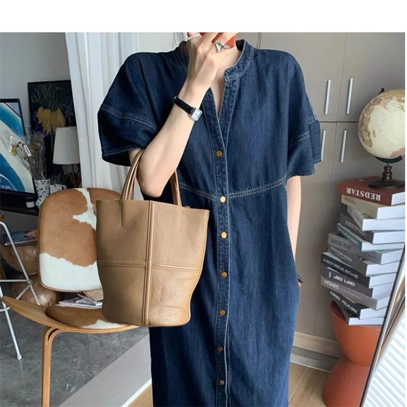 Vintage Denim Women\'s Dresses for 2024 Summer Thin Casual Jeans Dress Loose Plus Size Lady Vestidos Female Clothes Robe KE6062