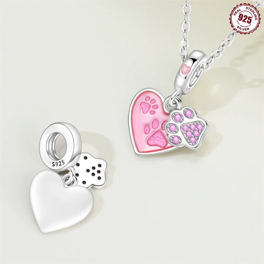 925 Sterling Silver Heart Pet Paw Print Dangle Charm Bead Pink Enamel & Pink Zircon Pet‑Lovers Bead fit Bracelet Jewelry Gift