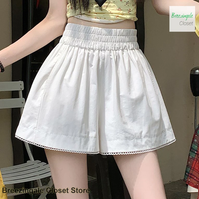 Korean sweet wind lace stitching high waist casual pants female summer slim versatile wide-leg pants elastic waist short pants.