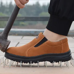 Copripunta in acciaio casual da uomo di grandi dimensioni scarpe da lavoro slip-on scarpe antinfortunistiche in pelle scamosciata di mucca stivali di sicurezza traspiranti da lavoro protect