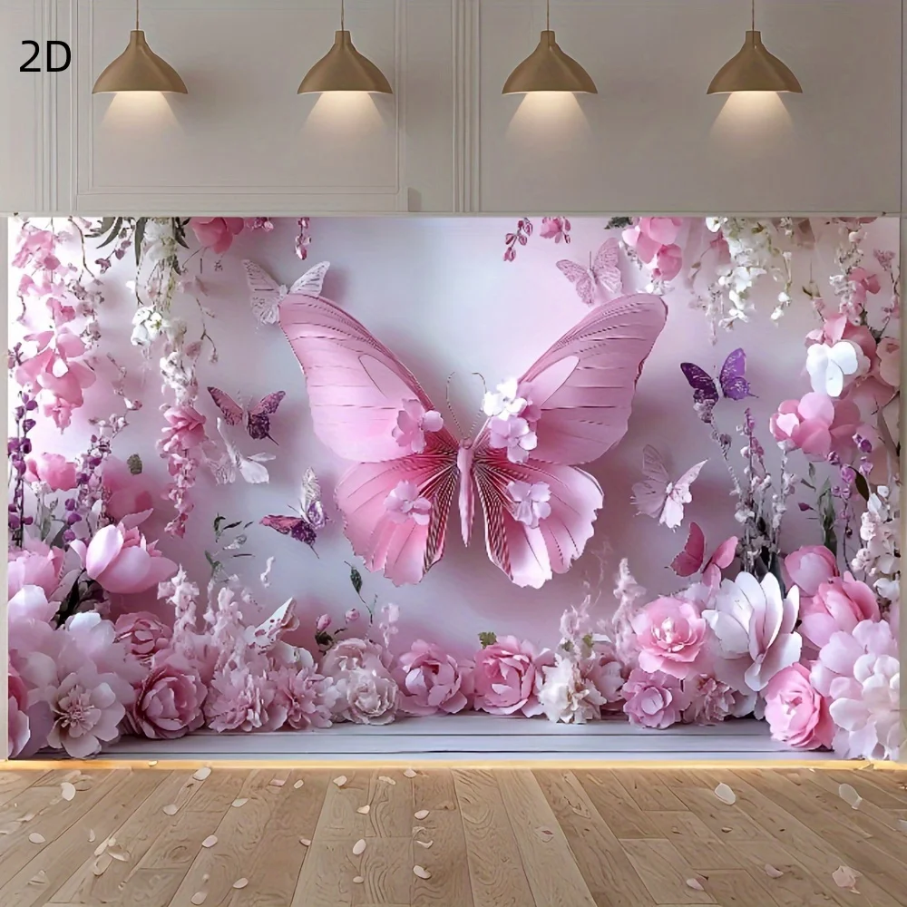2D-Prinzessin-Girl-Geburtstagsparty-Hintergrund – Polyester, mit rosa Schmetterling und Blumenmuster, Prinzessinnen-Party-Dekoration
