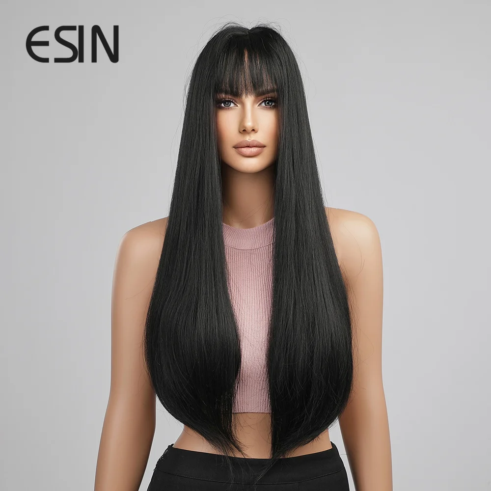 ESIN Synthetic Wigs Black Wigs for Women Long Straight Wigs with Bangs Heat Resistant Fiber DailyCosplay Party  Natural looking