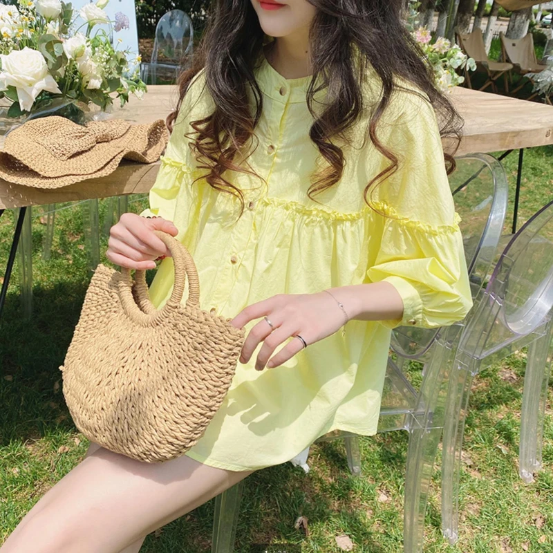 Spring Autumn Fashion Solid Color Stand Women\'s Clothing Blouses Pleated Edible Tree Fungus Bishop Sleeve Loose Chic Baby Shirt