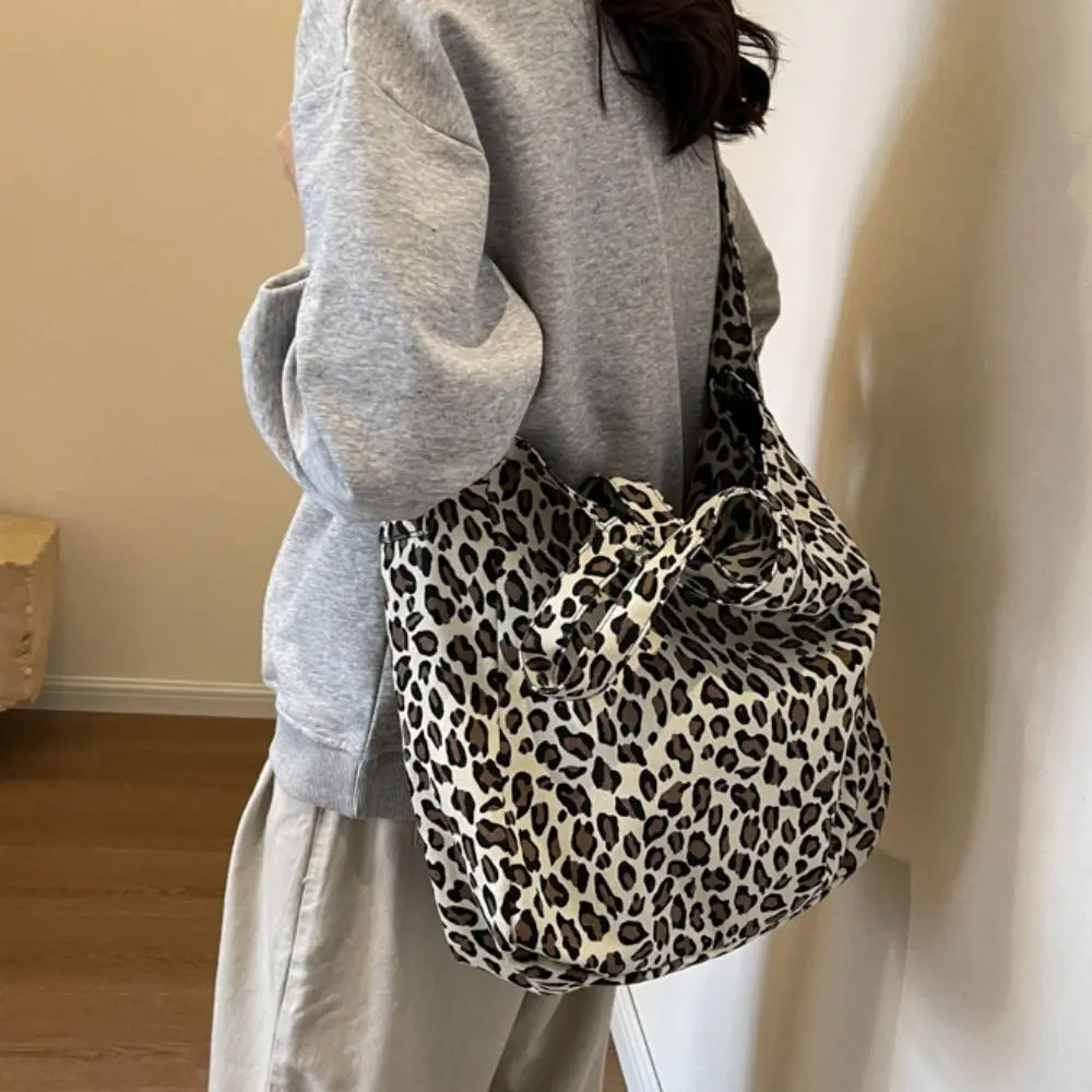 

Vintage Large Capacity Leopard Crossboby Bag Retro Casual Canvas Tote Bag Oversized Commuting Handbag Party