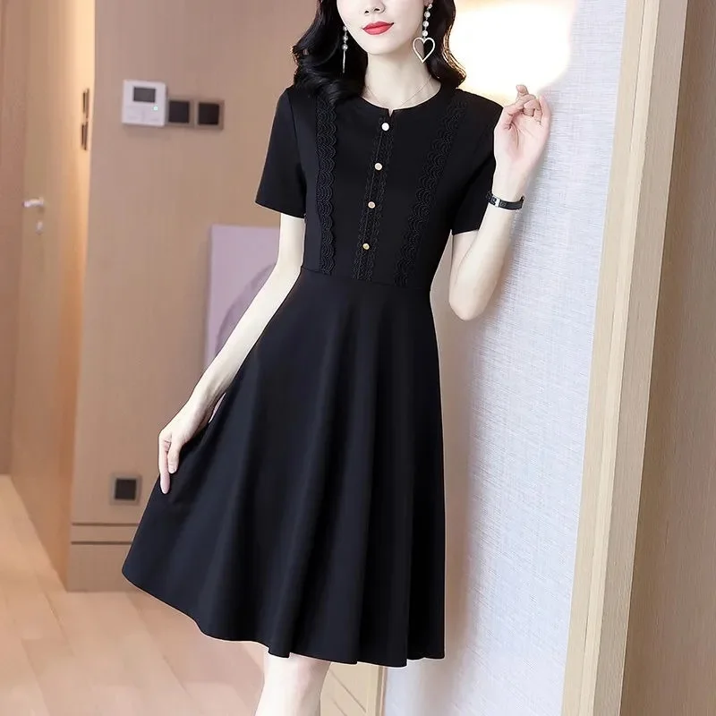 Mini vestido feminino de renda de manga curta, elegante cor sólida, babados soltos emendados, vestido sexy senhora do escritório, roupas de verão, novo, 2022