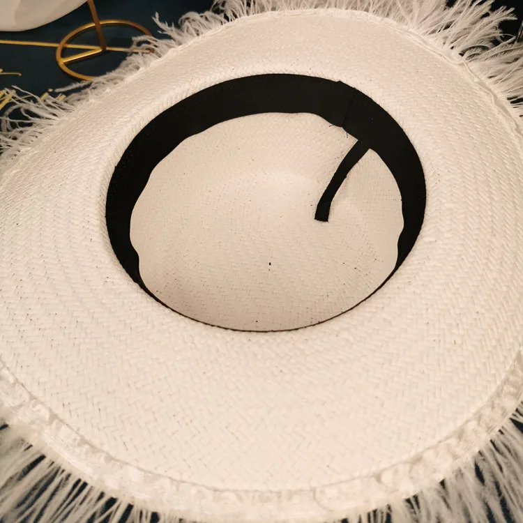 Vintage socialite feather flat top straw hat temperament goddess tassel big eaves hat hat all-match sun block hat summer