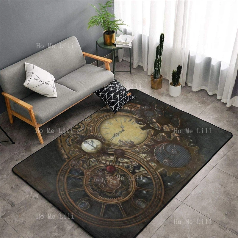 Steampunk Clocks Watch The Wheel Of Time Mechano Electronic Retro Compass With Old Map Papyrus Hippie Art Flannel Floor Rugs