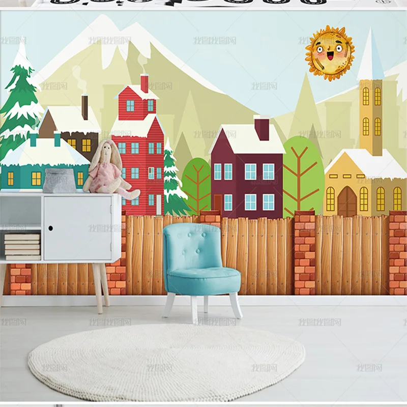 custom 3D hand painted house tree fence brick mural children's room TV living room background wall cartoon bedroom 8d restaurant
